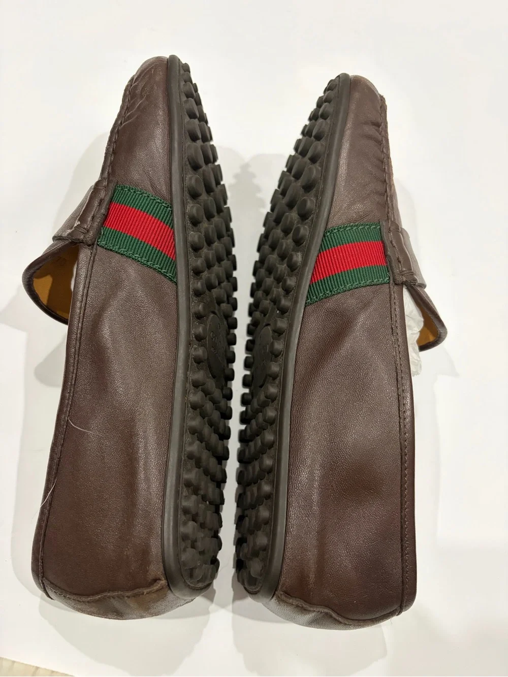 Gucci Brown Leather Slip-On Loafers with Green-Red Web Stripe